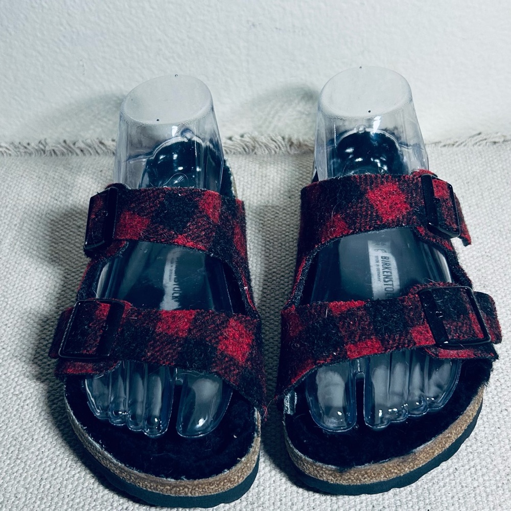 Birkenstock Arizona Red & Black Plaid Shearling Two-Strap Sandals